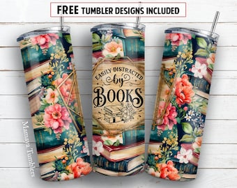 Easily distracted by books 20 oz skinny tumbler sublimation design Reading floral Seamless digital PNG Straight wrap Waterslide download