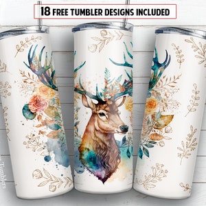 Deer 20 oz skinny tumbler sublimation design Boho flower Wild animal floral Watercolor digital PNG Straight wrap Waterslide download