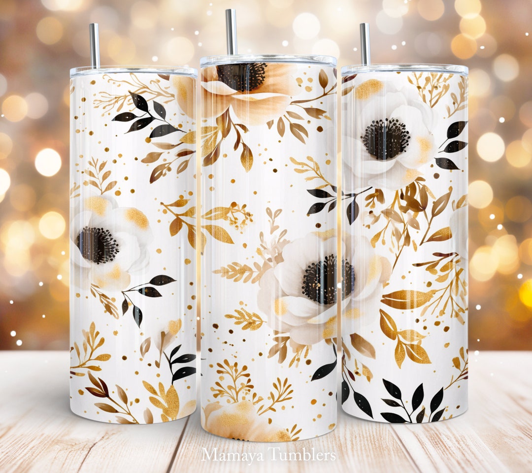Floral 20 Oz Skinny Tumbler Sublimation Design Glitter Gold Black White ...