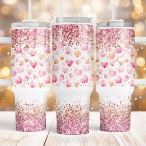 Pink hearts 40oz Quencher tumbler sublimation design Valentine Day pink glitter gold Love digital PNG wrap Waterslide download