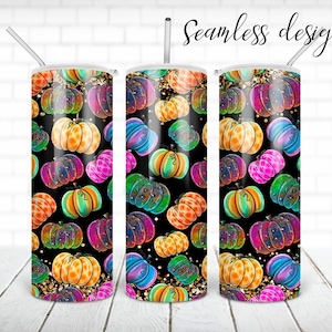 SEAMLESS colorful pumpkin with glitter tumbler PNG design Fall 20 oz skinny tumbler STRAIGHT digital wrap