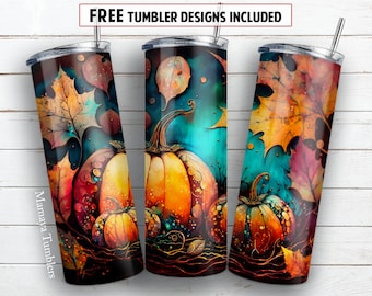 Pumpkins 20 oz skinny tumbler sublimation design Alcohol ink Fall Autumn Thanksgiving digital PNG Straight wrap Waterslide download