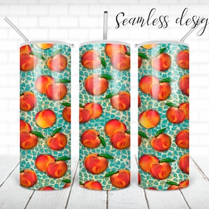 SEAMLESS peach tumbler PNG design Teal leopard 20 oz skinny tumbler STRAIGHT digital wrap