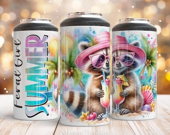 Diseño de sublimación de enfriador de latas 4 en 1 de Feral Girl Summer Enfriador de latas divertido de Raccoon Beach PNG envoltura Descarga digital