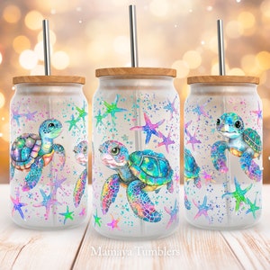 Turtles 16oz glass can sublimation design Summer Sea life Animal Starfish Glass can wrap PNG Digital download