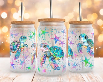 Turtles 16oz glass can sublimation design Summer Sea life Animal Starfish Glass can wrap PNG Digital download