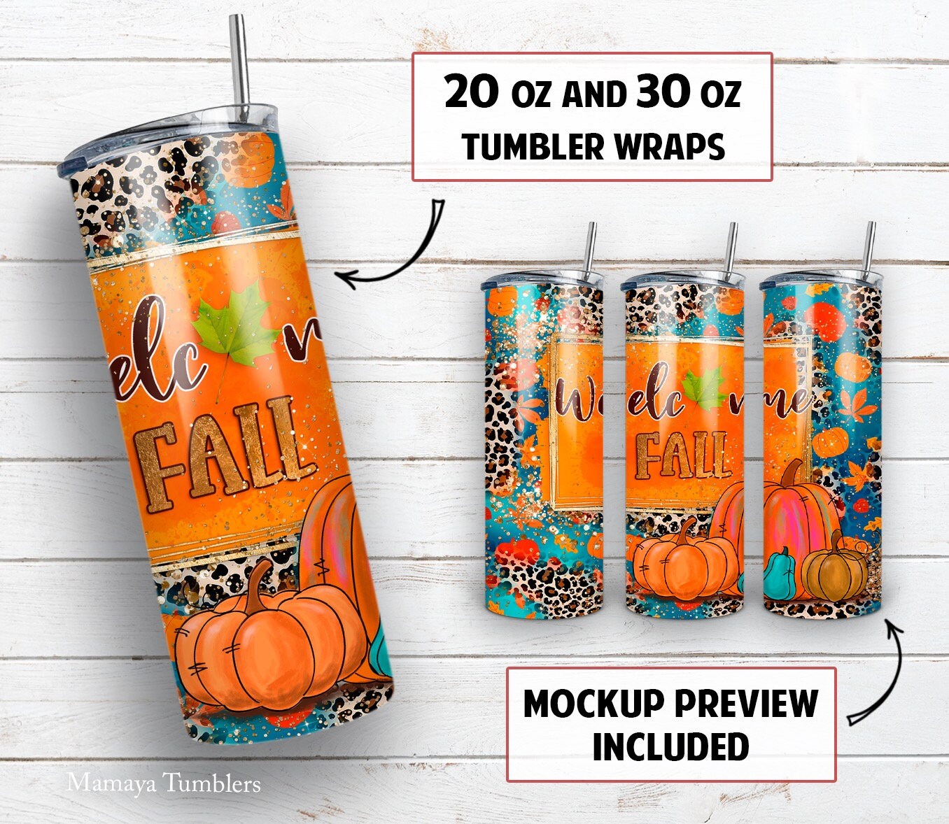 20 Oz Skinny Tumbler Sublimation Design Welcome Fall Leopard Pumpkin ...