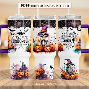 Tis the season to be spooky 40 oz Quencher tumbler sublimation design Halloween skeleton pumpkin digital PNG wrap Waterslide download