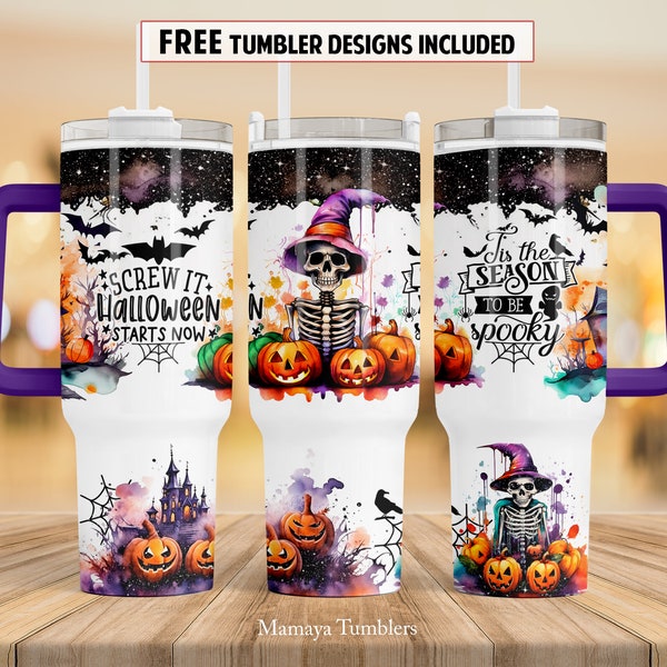 Tis the season to be spooky 40 oz Quencher tumbler sublimation design Halloween skeleton pumpkin digital PNG wrap Waterslide download