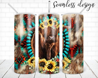 SEAMLESS highland cow and turquoise tumbler PNG design Aztec cowhide with sunflower 20 oz skinny tumbler STRAIGHT digital wrap