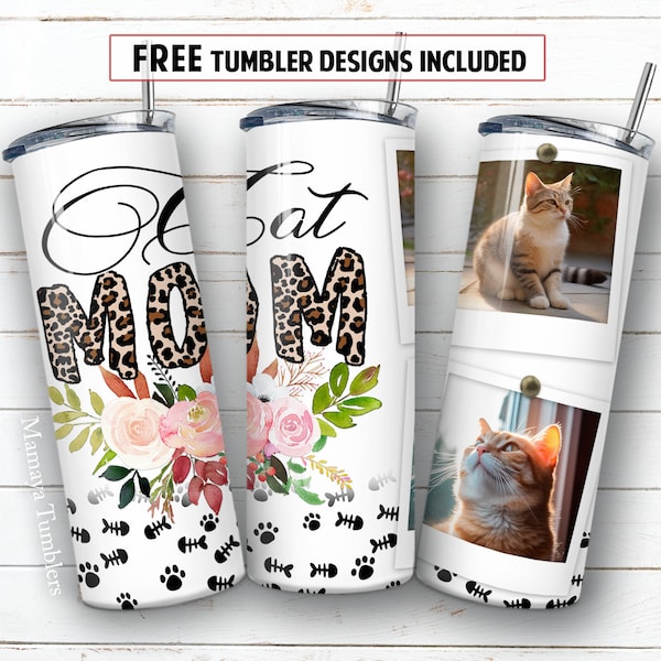 Cat mom 20oz skinny tumbler sublimation design Photo frame pet lover digital PNG Straight wrap download