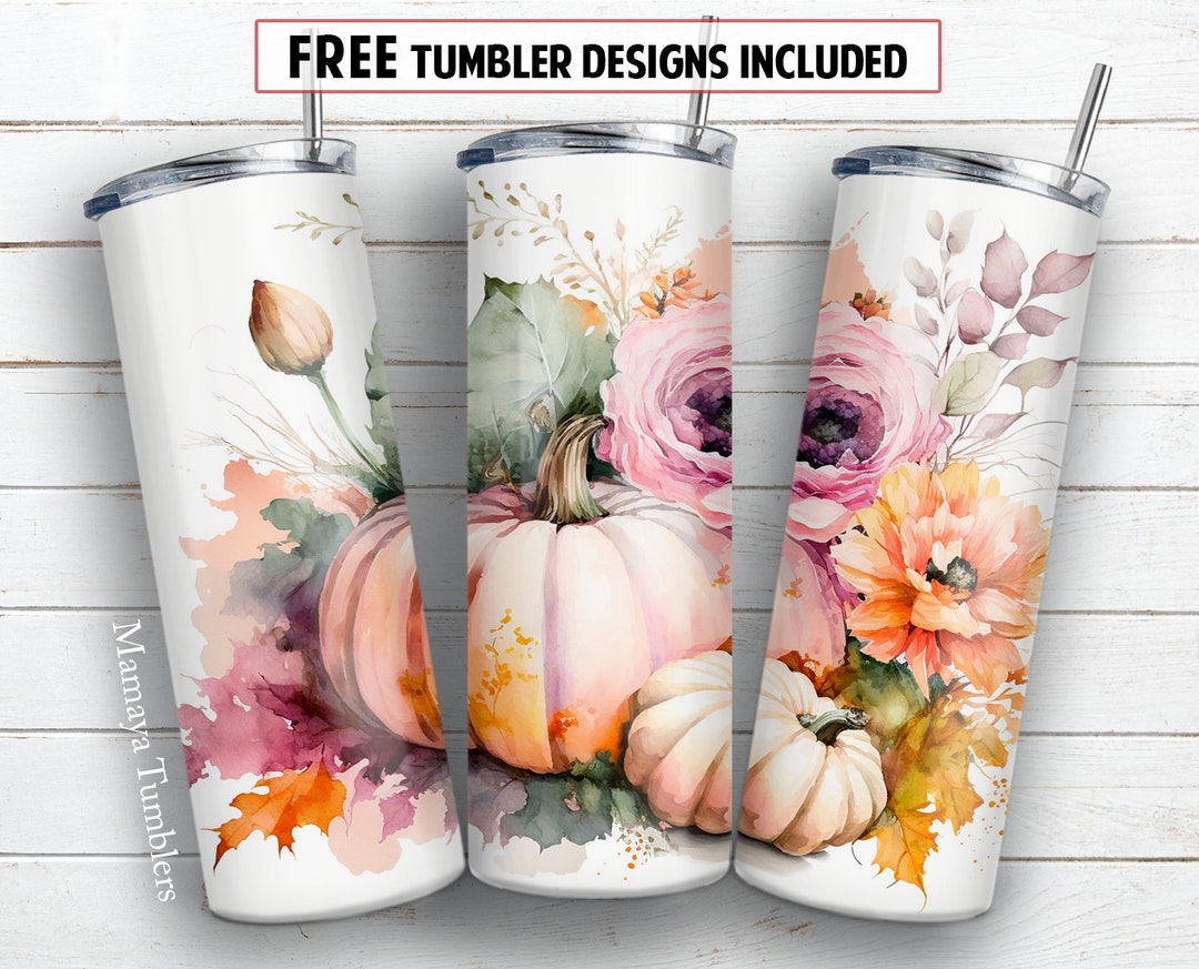 Pumpkins 20 Oz Skinny Tumbler Sublimation Design Fall Flower Watercolor ...