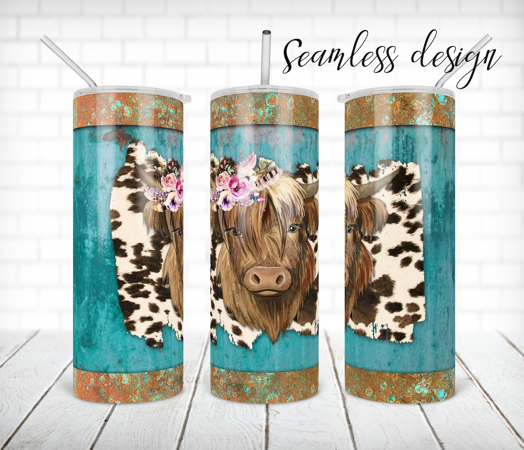 Highland Cow With Flower Tumbler PNG Design Teal Rustic Cowhide 20 Oz ...