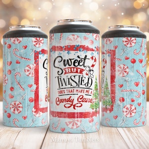May include: A blue and red insulated tumbler with a Christmas-themed design. The tumbler features candy canes, peppermint swirls, and the text "Sweet but Twisted Does That Make Me a Candy Cane?"