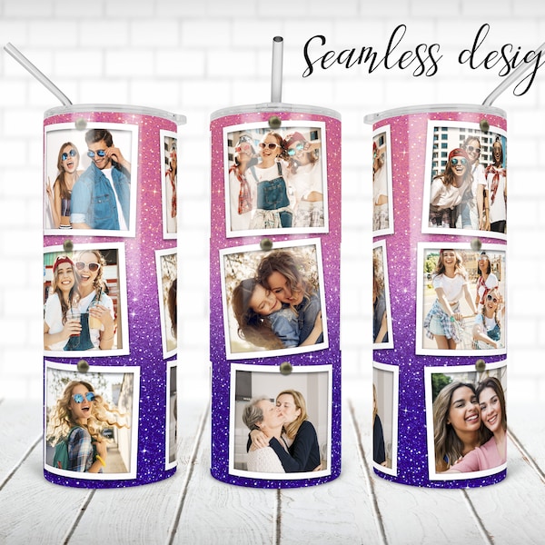 SEAMLESS picture frame glitter tumbler PNG design Half pink and purple 20 oz skinny tumbler STRAIGHT digital wrap