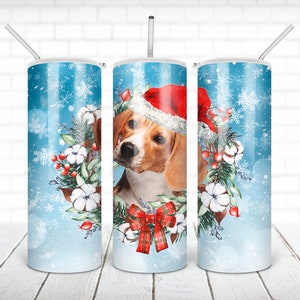 Christmas beagle tumbler PNG design Dog with flower wreath 20 oz skinny tumbler STRAIGHT digital wrap