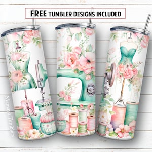 Sewing machine 20oz skinny tumbler sublimation design Flowers thread spools mannequin Tailor digital PNG Straight wrap Waterslide download
