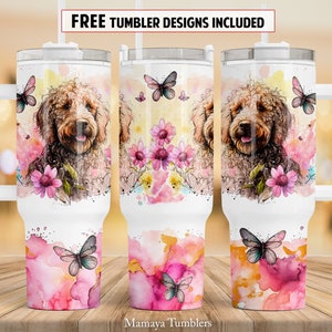 Goldendoodle dog 40 oz Quencher tumbler sublimation design Flower and butterfly pet Dog lover digital PNG wrap Waterslide download