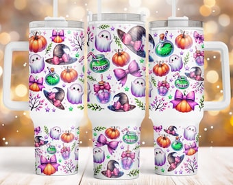 Halloween 40oz Quencher tumbler Sublimation design Witch Bow Coquette Ghost Pumpkin Autumn vibes PNG wrap Waterslide Digital download