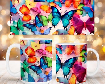 Butterflies Mug sublimation design Colorful Rainbow 11oz 15oz coffee cup template Wrap PNG Digital download