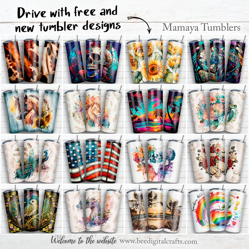 May include: A collage of 20 different tumbler designs featuring various themes, including animals, nature, and abstract patterns. The tumblers are all stainless steel and have a white background. The text "Mamaya Tumblers" is visible at the top of the image.