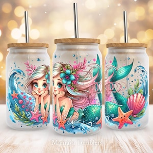 Mermaid 16oz glass can sublimation design Ocean life Glass can wrap PNG template Digital download