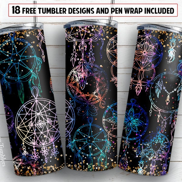 Boho 20 oz skinny tumbler sublimation design Rainbow watercolor dreamcatcher digital PNG design + 30 oz tumbler and Epoxy pen wrap design