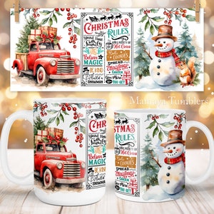 Kerstregels mok sublimatie ontwerp rode vrachtwagen en cadeau sneeuwpop wintervakantie geloof 11oz 15oz koffiekopje sjabloon wrap digitale download