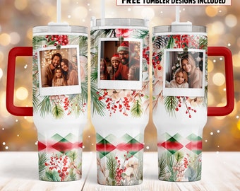 Christmas photo frame 40oz Quencher tumbler sublimation design 3 Family pictures Flowers Pine tree digital PNG wrap Waterslide download