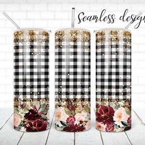 Buffalo plaid flower tumbler PNG design Floral glitter 20 oz skinny tumbler STRAIGHT digital wrap