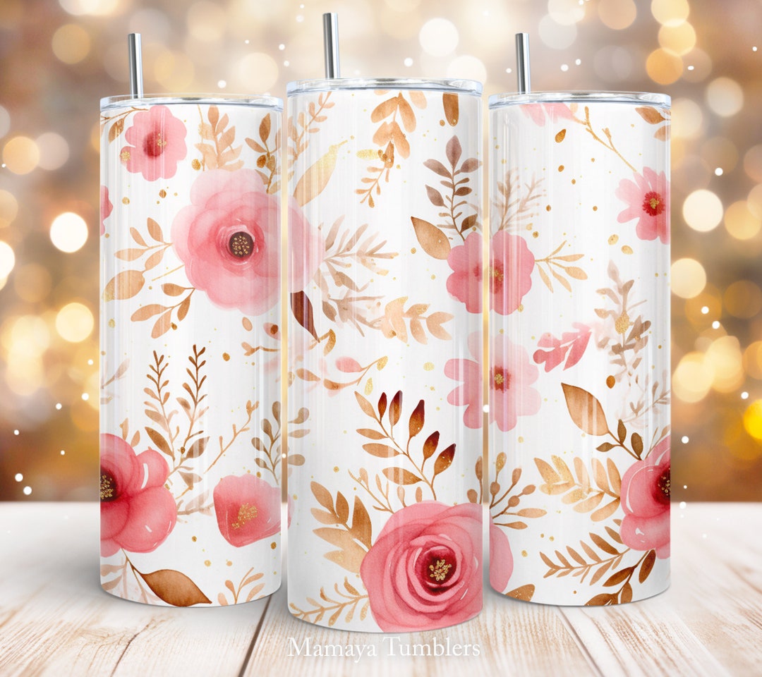 Floral 20 Oz Skinny Tumbler Sublimation Design Glitter Gold Pink ...