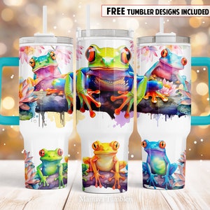 Cute frogs 40oz Quencher tumbler sublimation design Animal flower digital PNG wrap Waterslide download