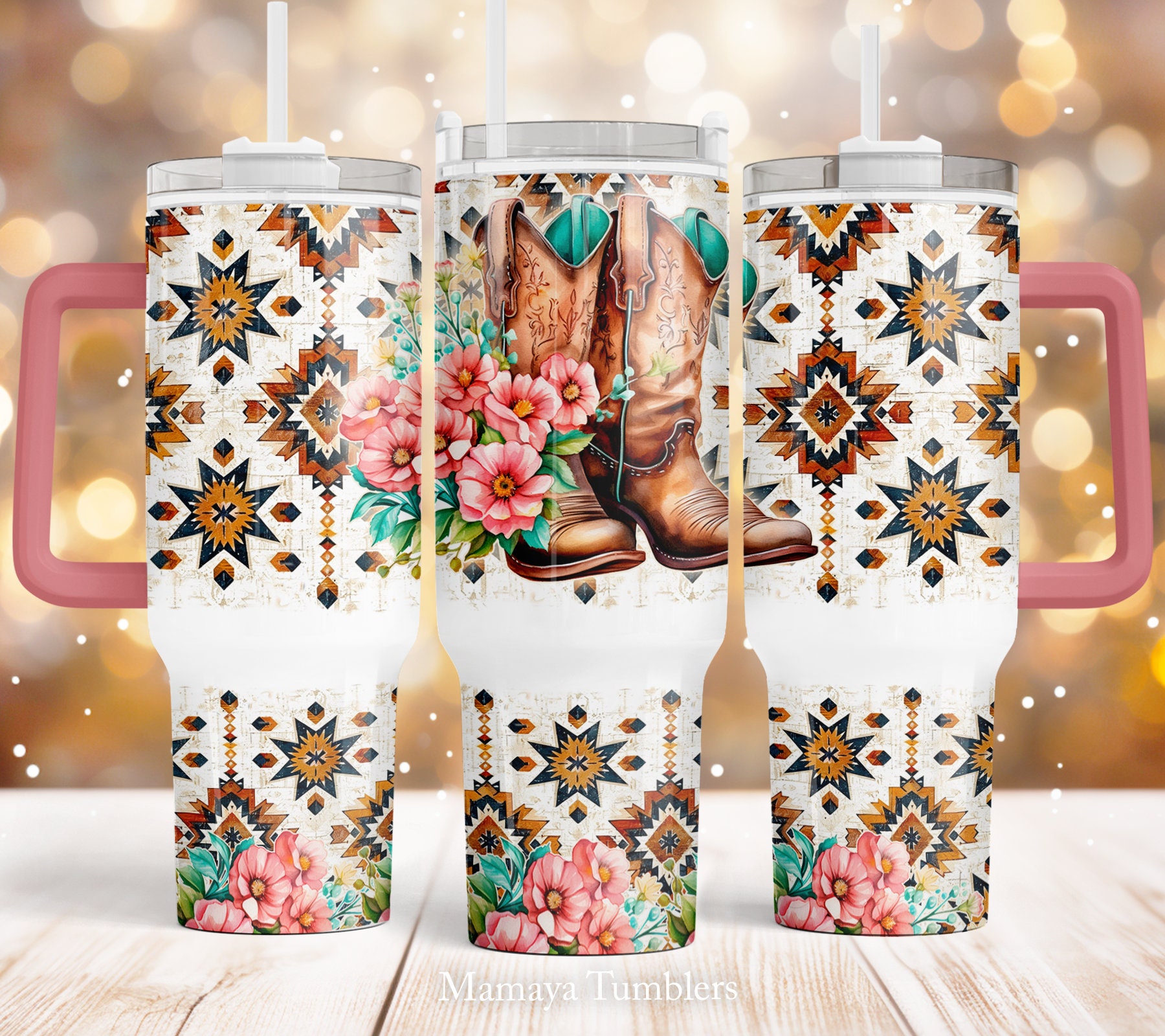 Cowgirl Boots 40oz Quencher Tumbler Sublimation Design Aztec Flower ...