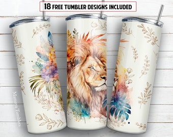 Lion 20 oz skinny tumbler sublimation design Boho flower Wild animal floral Watercolor digital PNG Straight wrap Waterslide download