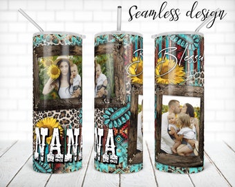 Picture frame blessed nana sunflower tumbler PNG design Rustic wood leopard turquoise aztec 20 oz skinny tumbler STRAIGHT digital wrap