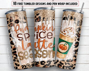 May include: Three stainless steel tumblers with a fall-themed design. The tumblers feature a white woodgrain background with the text "Pumpkin Spice Latte Season" in orange and black lettering. The tumblers are decorated with gold glitter and a leopard print pattern. One tumbler features a cartoon illustration of a pumpkin spice latte.