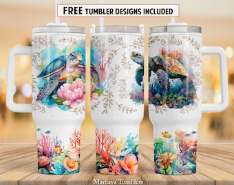 Turtle 40 oz Quencher tumbler sublimation design Summer beach Coral reef Sea animal digital PNG wrap Waterslide download