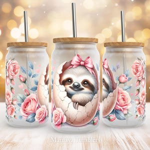 Easter sloth 16oz glass can sublimation design Cute animal in the egg Flower pig Spring Glass can wrap PNG Digital download