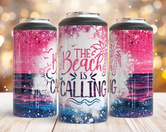 Summer 4 in 1 can cooler sublimation design Sunset Glitter The beach is calling can cooler wrap Forest leaves Digital design Straight PNG