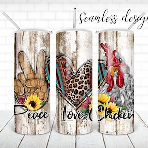 Peace love chicken tumbler PNG design Watercolor farm animal and sunflower 20 oz skinny tumbler STRAIGHT digital wrap