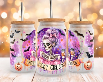 Spooky girl season 16oz glass can sublimation design Halloween Pumpkin Funny Skeleton Messy bun Glass can wrap PNG Digital download