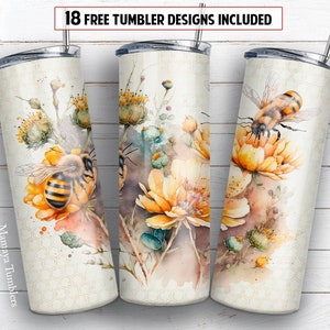 Bee 20 oz skinny tumbler sublimation design Floral honey bee Flower digital PNG Straight wrap Waterslide download