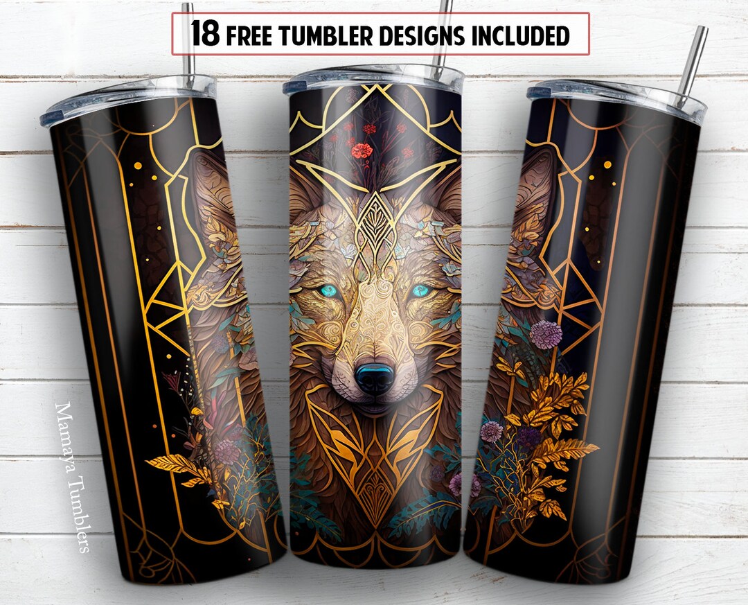 Stained Glass Wolf 20 Oz Skinny Tumbler Sublimation Design Wild Animal ...