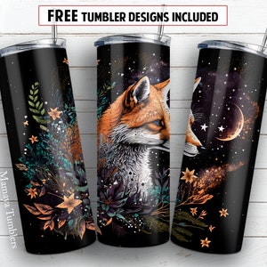 Magical fox 20 oz skinny tumbler sublimation design Boho animal Floral Moon digital PNG Straight wrap Waterslide download