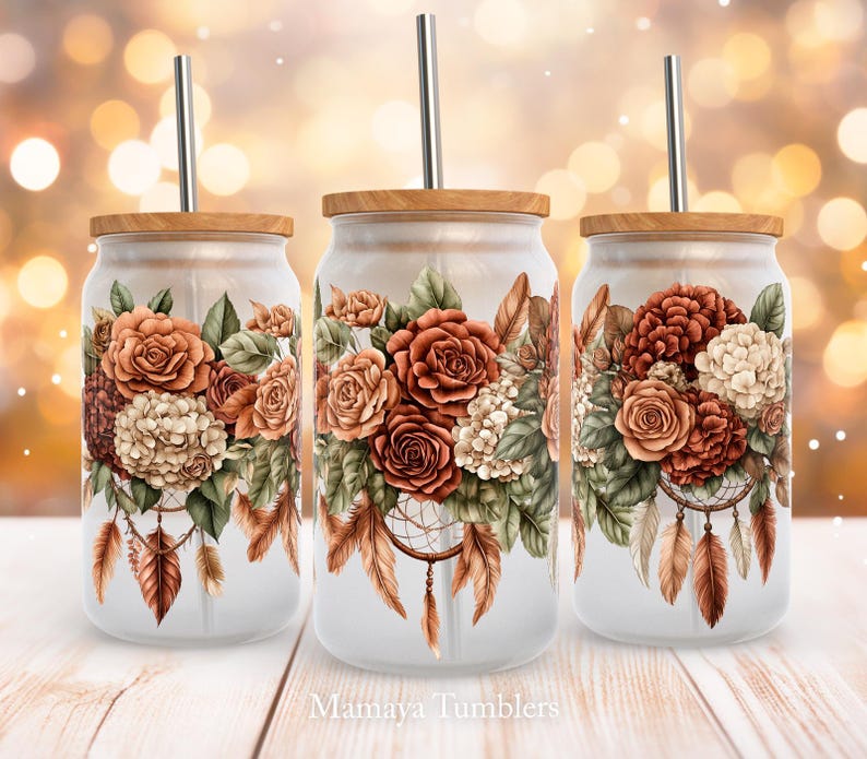 Flowers 16oz Glass Can Sublimation Design Dreamcatcher Boho Floral ...