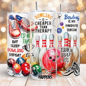 Bowling 20oz skinny tumbler sublimation design Favorite season Eat sleep repeat Split Quotes Digital PNG Straight wrap Waterslide download