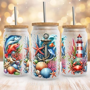 Beach Ocean 16oz glass can sublimation design Lighthouse Fish Summer Glass can wrap PNG sublimation Template Digital download