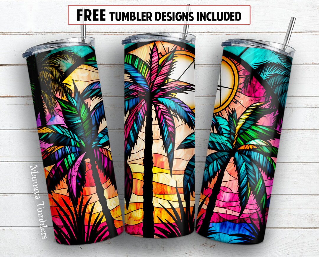 Stained Glass Ocean Beach 20oz Skinny Tumbler Sublimation Design Palm ...