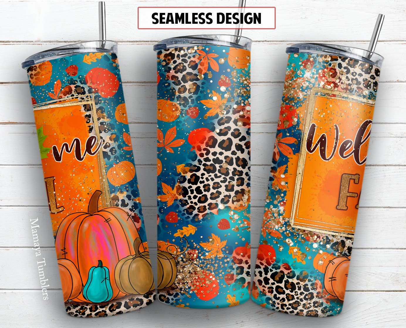 20 Oz Skinny Tumbler Sublimation Design Welcome Fall Leopard Pumpkin ...