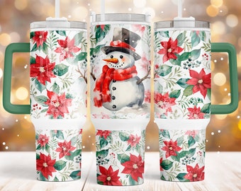 Christmas 40oz Quencher tumbler sublimation design Poinsettia flowers Snowman floral Winter Holiday digital wrap Waterslide download